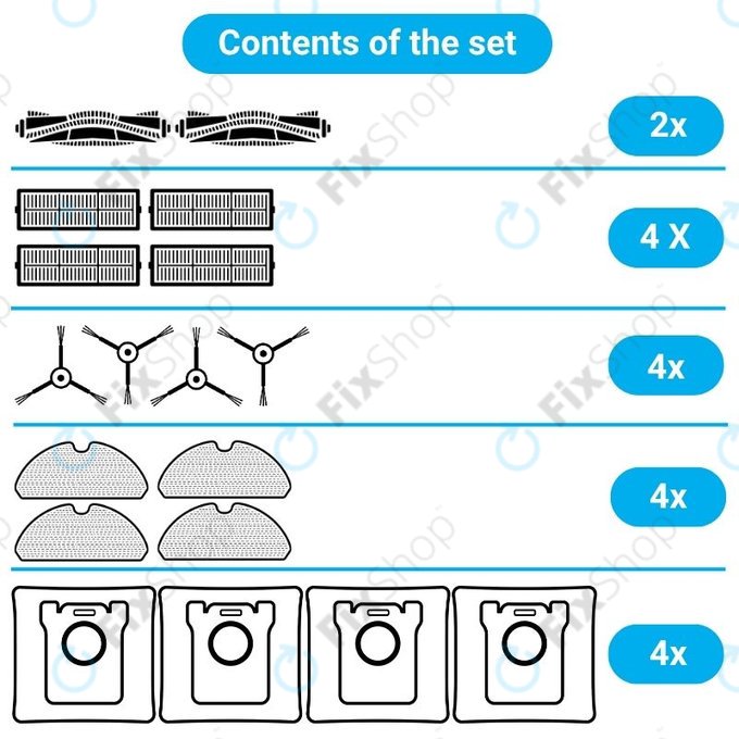 Set de piese de schimb pentru Xiaomi Viomi Alpha 2 PRO, V5 PRO, V5 (2x Perii principale, 4x Filtre, 4x Perii laterale, 4x Lavete de mop, 4x Saci pentru praf)