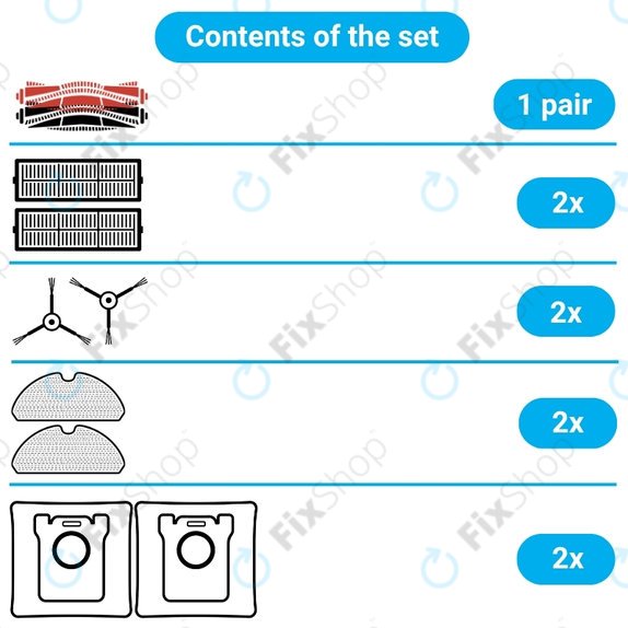 Set de piese de schimb pentru Xiaomi Roborock Q5 Pro, Q8 Max+ (1x Perie principală, 2x Filter, 2x Perie laterală – neagră, 2x Mop, 2x Sac de praf)