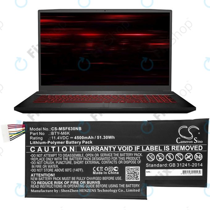 Baterie pentru MSI GF63, MSI GF75, MSI GS63, 4500mAh, Li-Pol, 11.4V, BTY-M6K, HQ