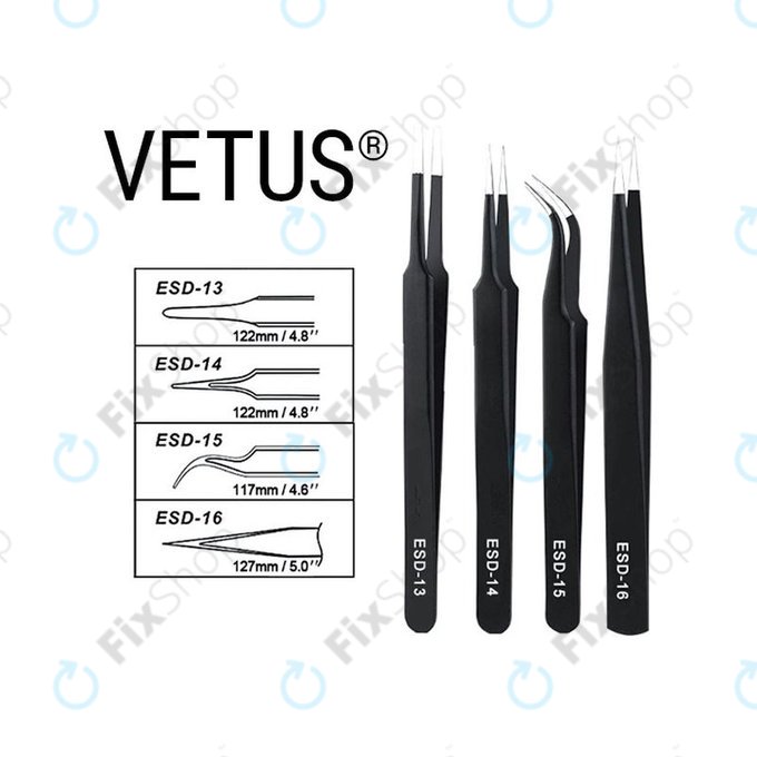 Vetus ESD-13 - Pensetă metalică antistatică cu vârf plat (115 mm)
