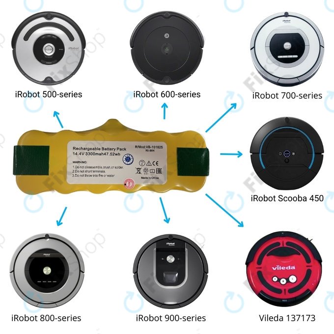iRobot Roomba 500, 600, 700, 800, 900-series, R3, Scooba 450, Vileda 137173 - Baterie 11702, GD-Roomba-500, VAC-500NMH-33 Ni-MH 14.4V 3300mAh