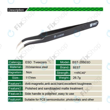 Best B-205ESD - Pensetă metalică ESD cu vârf pliat (117mm)