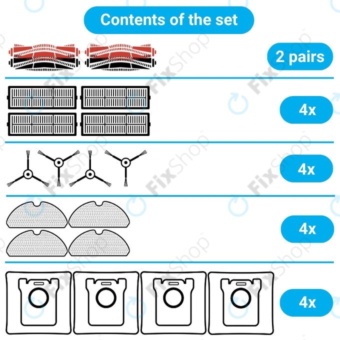 Set de piese de schimb pentru Xiaomi Roborock Q5 Pro, Q8 Max+ (2x Perie principală, 4x Filter, 4x Perie laterală – neagră, 4x Mop, 4x Sac de praf)