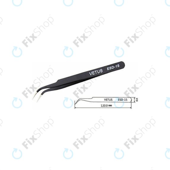 Vetus ESD-15 - Pensetă metalică antistatică cu vârf îndoit (120mm)
