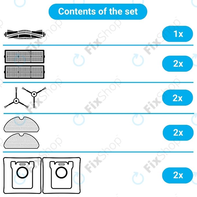 Set de piese de schimb pentru Xiaomi Roborock Q10 VF, Q10 VF+, S8 Pro, S8 Pro Plus (1x Perie principală, 2x Filter, 2x Perie laterală, 2x Mop, 2x Sac de praf)