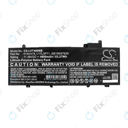 Baterie pentru Lenovo ThinkPad T480S, 4600mAh, Li-Pol, 11.58V, 01AV478, HQ