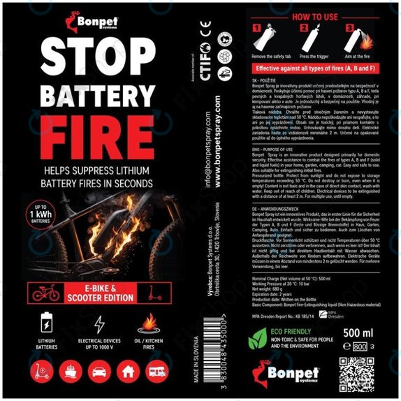 Bonpet Spray de stingere pentru baterii cu litiu, 500 ml, E-Bike & Scooter Edition