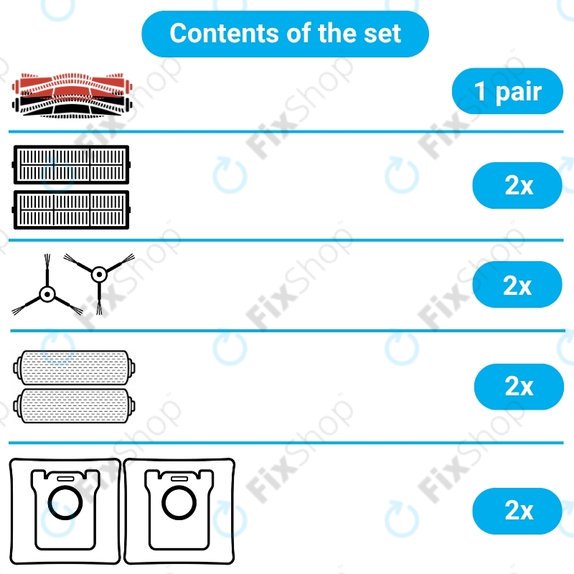 Set de piese de schimb pentru Mova Z60 Ultra Roller (1 pereche de perii principale, 2x Filter, 2x Perie laterală, 2x Mop, 2x Sac de praf)