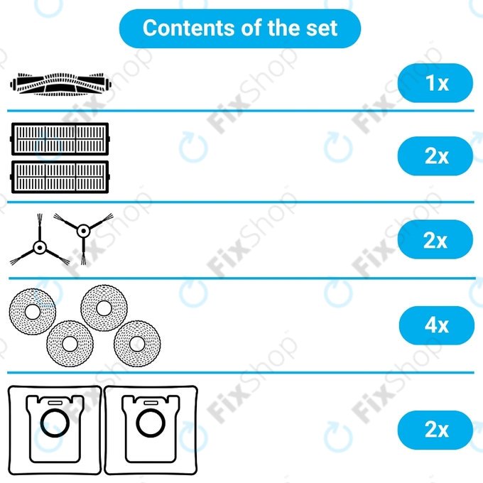 Set de piese de schimb pentru Eta Aquilo Pro, Cecotec Conga 11090 (1x Perie principală, 2x Filter, 2x Perie laterală, 4x Mop, 2x Sac de praf)