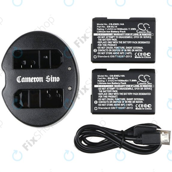 2 baterii cu încărcător pentruNikon Coolpix P7000, P7700, D3100, D3200, D5100, 1030mAh, Li-Ion, 7.4V, EN-EL14, HQ