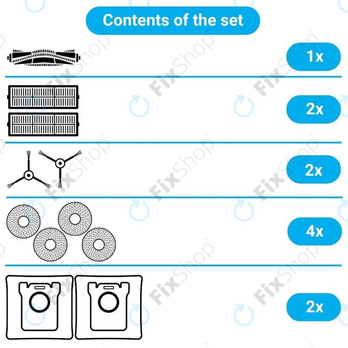 Set de piese de schimb pentru Xiaomi Robot Vacuum X10 (1x Perie principală, 2x Filtre, 2x Perii laterale, 2x Lavete de mop, 2x Saci pentru praf)