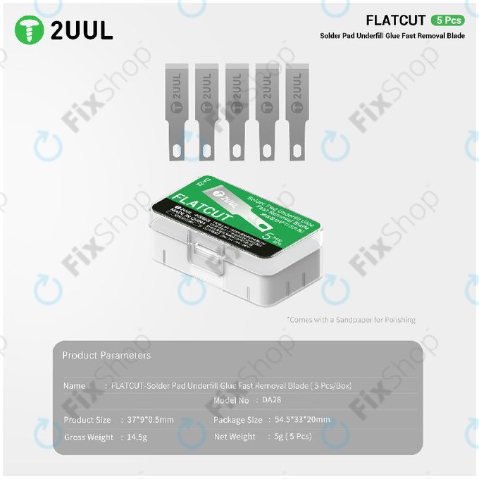 Lame pentru îndepărtarea adezivului underfill, tăietură plată, 2UUL DA28, 5 buc/pachet