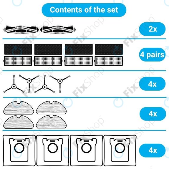 Set de piese de schimb pentru Xiaomi Viomi S9, Proscenic M7 Pro, M7 Max, M8 Pro (2x Perie principală, 4x Filter, 4x Perie laterală, 4x Mop, 4x Saci de praf)