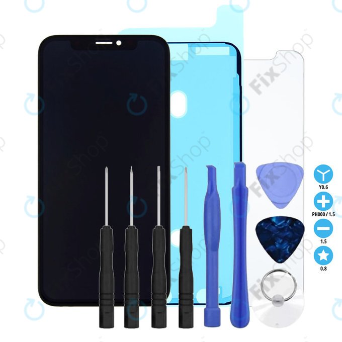 Apple iPhone X - Ecran LCD + Sticlă Tactilă + Ramă In-Cell FixPremium + Autocolant sub LCD + Geam securizat + Set de Unelte - Multipack