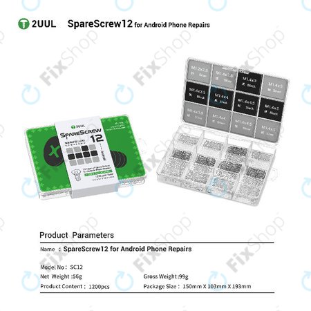 Set șuruburi Phillips pentru reparații Android, 2UUL SC12, 1200 buc/pachet