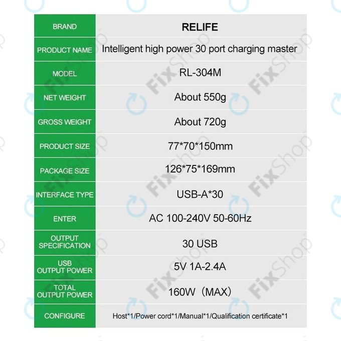 Relife RL-304M - Stație de încărcare inteligentă a serviciilor - 30x USB / 160W
