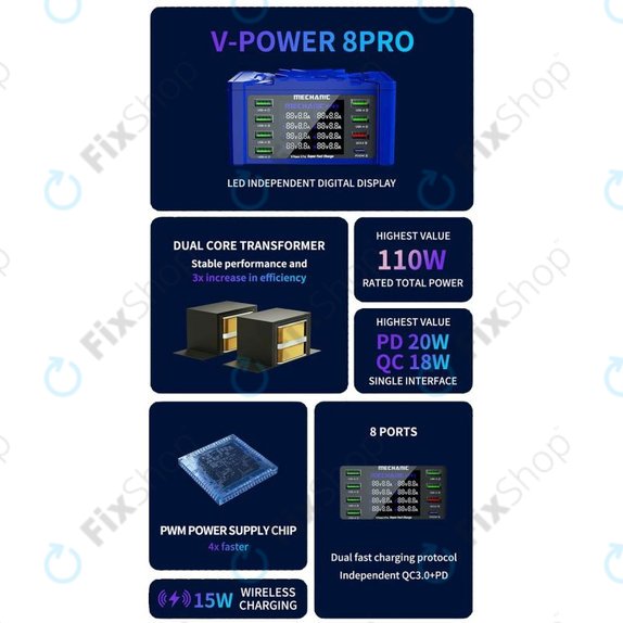 Mechanic V-Power 8 Pro - Statie de incarcare USB (USB-C, USB 3.0)