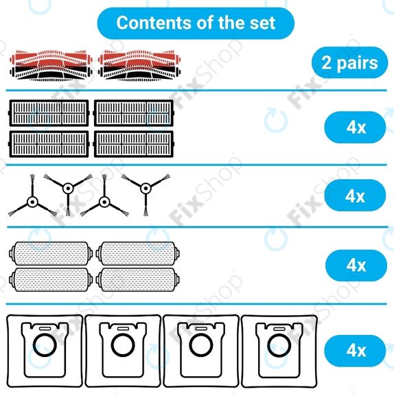 Set de piese de schimb pentru Mova Z60 Ultra Roller (2 perechi de perii principale, 4x Filter, 4x Perie laterală, 4x Mop, 4x Sac de praf)