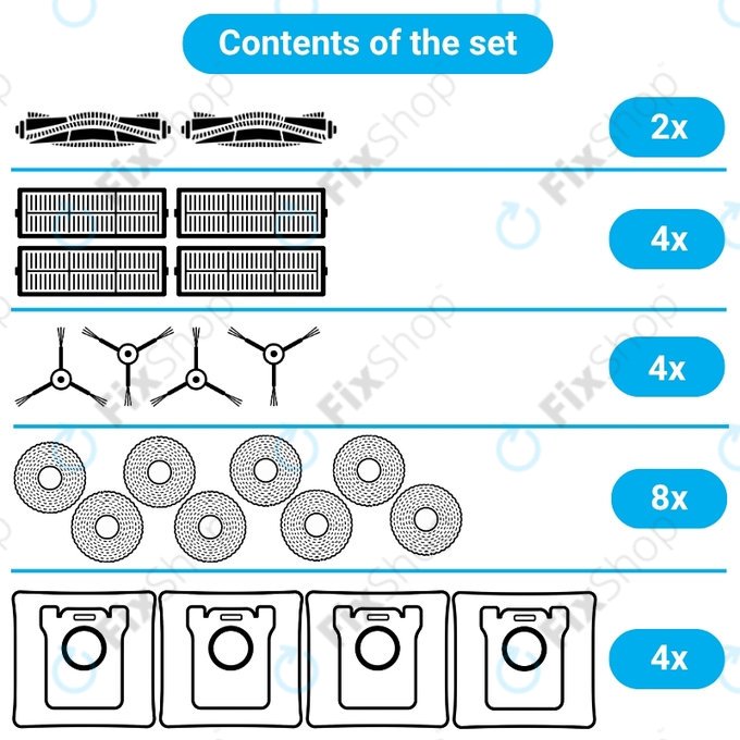 Set de piese de schimb pentru Eta Aquilo Pro, Cecotec Conga 11090 (2x Perie principală, 4x Filter, 4x Perie laterală, 8x Mop, 4x Sac de praf)