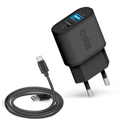 SBS - 10W Adaptor de încărcare 2x USB + Cablu USB / USB-C, negru