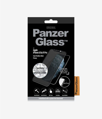 PanzerGlass - Sticlă întârită Privacy Case CamSlider Swarovski pentru iPhone 11 Pro/XS/X, neagră