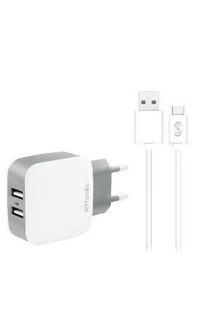 Fonex - Set de încărcare pentru călătorie 2xUSB/USB-C, 2100 mA, 10W, alb