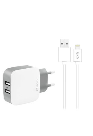 Fonex - Set de încărcare pentru călătorie 2xUSB/Lightning, 2100 mA, 10W, alb