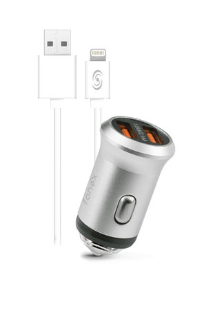 Fonex - Set de Încărcare auto 2x USB / Lightning, 2100 mA, 10W, argint
