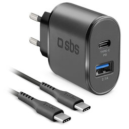 SBS - 18W Adaptor de încărcare USB, USB-C + Cablu USB-C / USB-C, negru