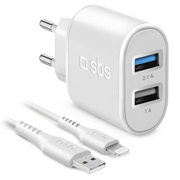 SBS - 10W Adaptor de încărcare 2x USB + Cablu USB / USB-C, alb