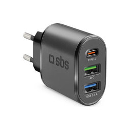 SBS - 30W Adaptor de încărcare 2x USB, USB-C PowerDelivery, negru