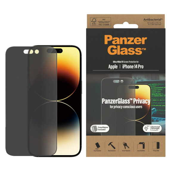 Sticlă securizată UWF Privacy AB cu aplicator pentru iPhone 14 Pro, Negru, PanzerGlass