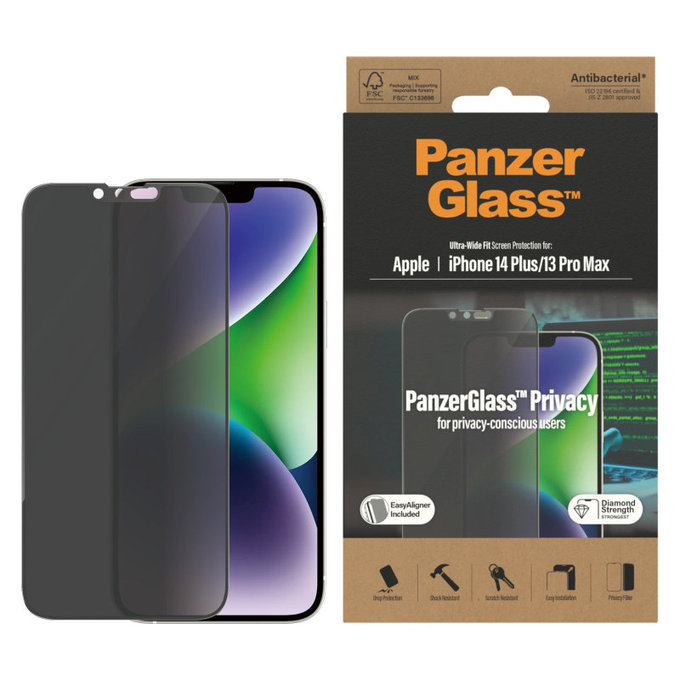 Sticlă securizată UWF Privacy AB cu aplicator pentru iPhone 14 Plus/13 Pro Max, Negru, PanzerGlass