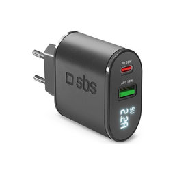 SBS - 20W Adaptor de încărcare cu LCD USB, USB-C, PowerDelivery, negru