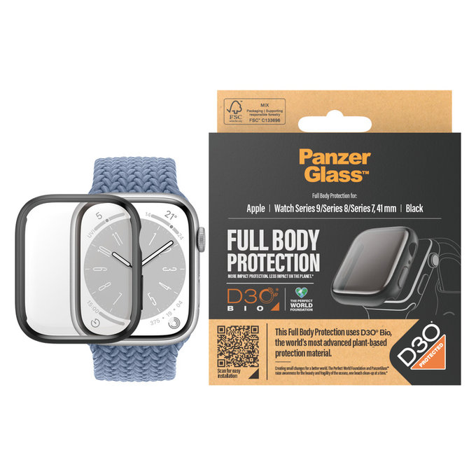 Sticlă securizată Full Body D3O pentru Apple Watch 9/8/7 41 mm, Negru, PanzerGlass