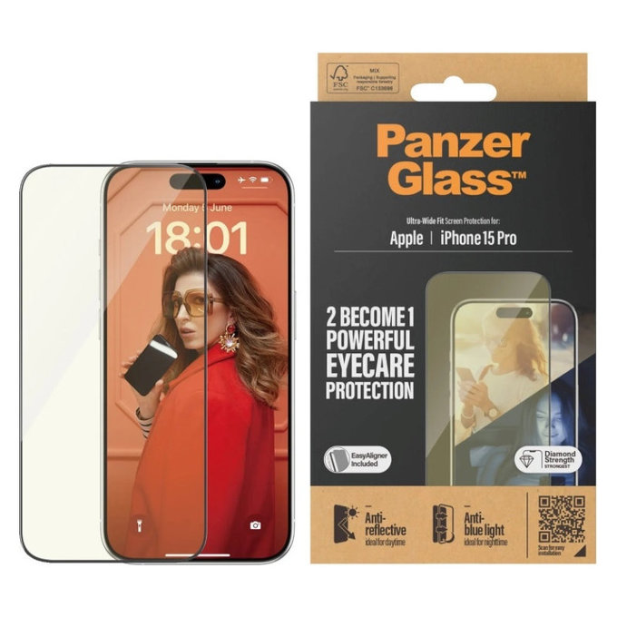 Sticlă securizată UWF Eyecare cu aplicator pentru iPhone 15 Pro, Negru, PanzerGlass