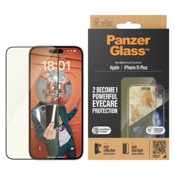 Sticlă securizată UWF Eyecare cu aplicator pentru iPhone 15 Plus, Negru, PanzerGlass