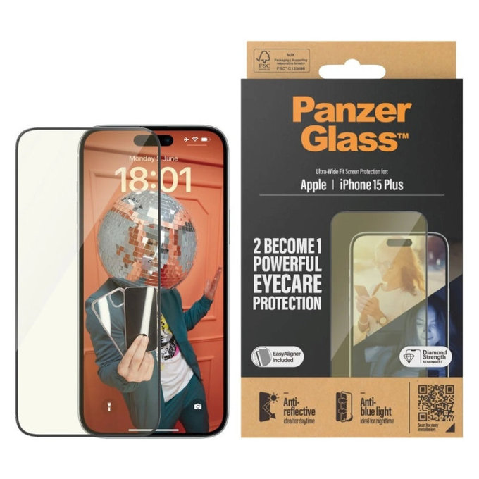 Sticlă securizată UWF Eyecare cu aplicator pentru iPhone 15 Plus, Negru, PanzerGlass