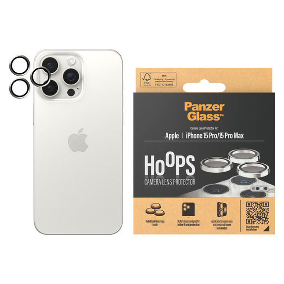 Protecție lentile cameră Hoops pentru iPhone 15 Pro/15 Pro Max, White Metal, PanzerGlass