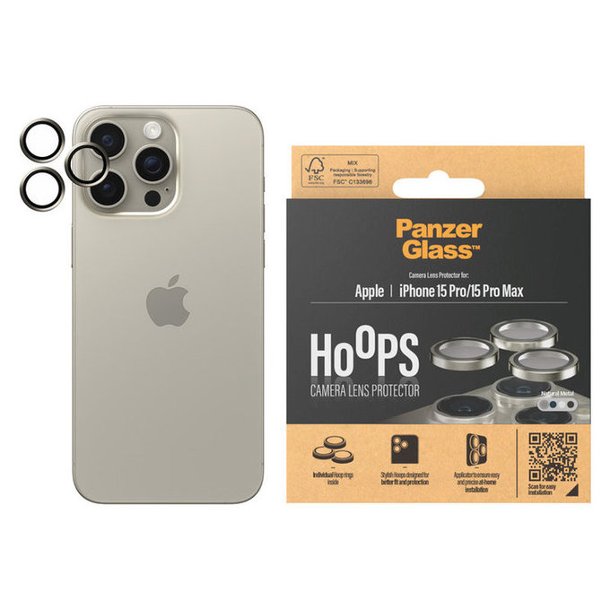 Protecție lentile cameră Hoops pentru iPhone 15 Pro/15 Pro Max, Natural Metal, PanzerGlass