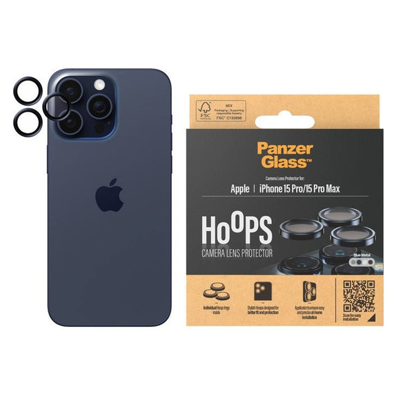 Protecție lentile cameră Hoops pentru iPhone 15 Pro/15 Pro Max, Blue Metal, PanzerGlass