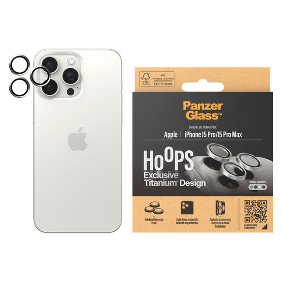 Protecție lentile cameră Hoops pentru iPhone 15 Pro/15 Pro Max, White Titanium, PanzerGlass