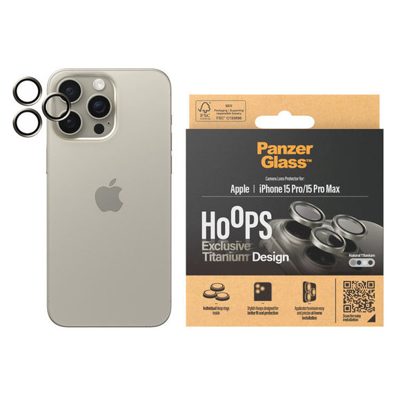 Protecție lentile cameră Hoops pentru iPhone 15 Pro/15 Pro Max, Natural Titanium, PanzerGlass