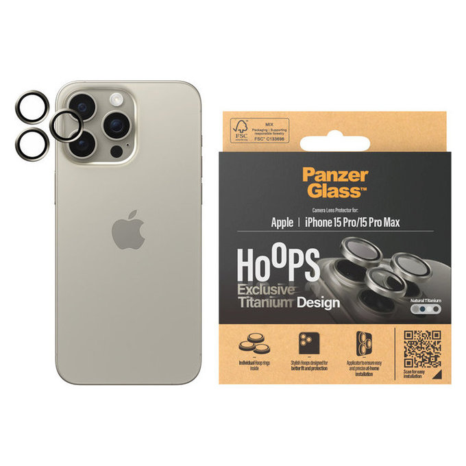 Protecție lentile cameră Hoops pentru iPhone 15 Pro/15 Pro Max, Natural Titanium, PanzerGlass