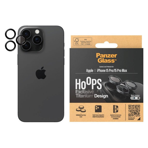 Protecție lentile cameră Hoops pentru iPhone 15 Pro/15 Pro Max, Black Titanium, PanzerGlass