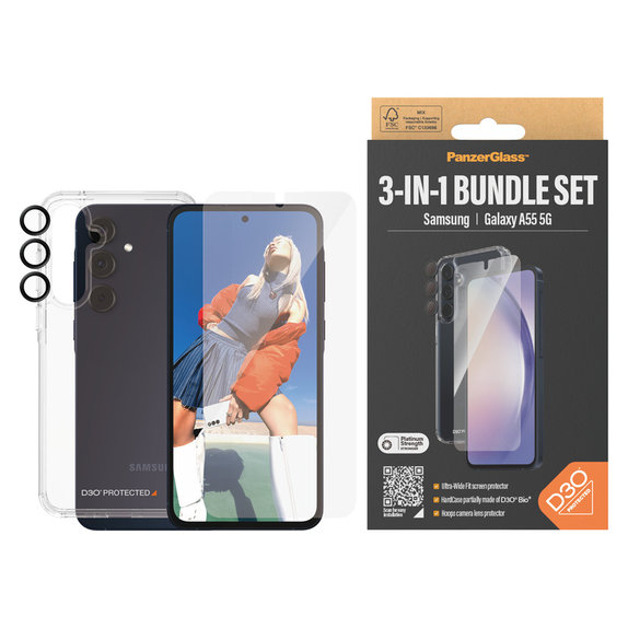 Bundle Hoops + Sticlă securizată UWF + Hard Case D3O pentru Samsung Galaxy A55 5G, PanzerGlass