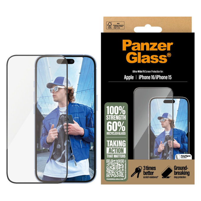 Sticlă securizată UWF cu aplicator pentru iPhone 16/15, Negru, PanzerGlass