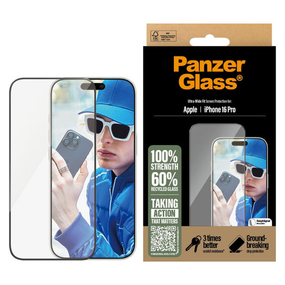 Sticlă securizată UWF cu aplicator pentru iPhone 16 Pro, Negru, PanzerGlass