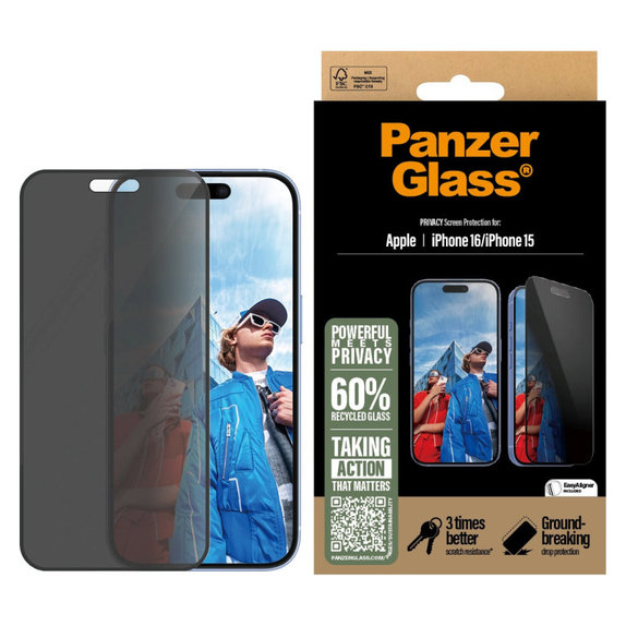 Sticlă securizată UWF Privacy cu aplicator pentru iPhone 16/15, Negru, PanzerGlass