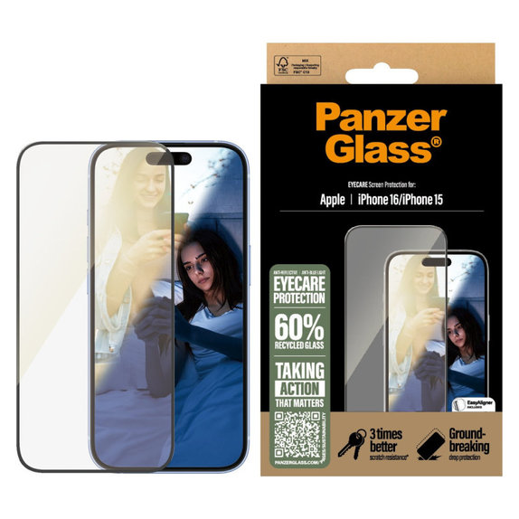 Sticlă securizată UWF Eyecare cu aplicator pentru iPhone 16/15, Negru, PanzerGlass